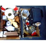 Two boxes containing decorative ornaments and pictures, light fitting, loose cutlery,