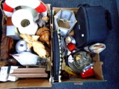 Two boxes containing decorative ornaments and pictures, light fitting, loose cutlery,