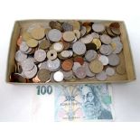 A box containing a quantity of foreign coinage together with a Czechoslovakian banknote.
