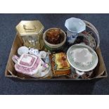 A box containing contemporary brass mantel clock, jardiniere, soup tureen, Masons ironstone teapot,