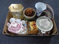 A box containing contemporary brass mantel clock, jardiniere, soup tureen, Masons ironstone teapot,