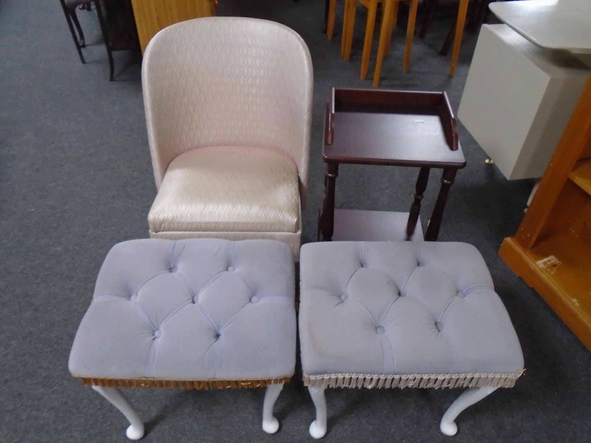 A pair of dressing table stools upholstered in dralon together with a mid-20th century commode