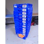 A collection of 12 plastic storage crates with lids.