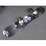 A snow board with bindings.