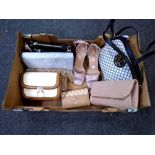 A box containing assorted lady's hand and clutch bags, New Look shoes (new with tags).