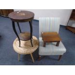 A 20th century bedroom chair upholstered in a striped fabric together with a footstool and two