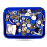 A tray containing assorted costume jewellery, wristwatches, Leonidas pocket watch, medals etc.