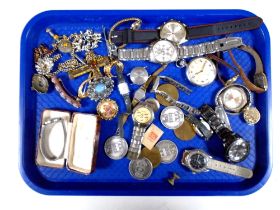 A tray containing assorted costume jewellery, wristwatches, Leonidas pocket watch, medals etc.