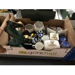Two boxes containing pottery and glassware including Ringtons caddies, horse ornament,