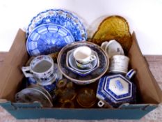 A box containing pressed glassware and blue and white porcelain, Spode calendar plate,