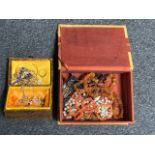 A fabric jewellery box containing assorted costume jewellery, wristwatch,