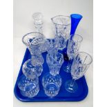 A tray containing assorted glassware including a pair of Galway crystal whisky tumblers,