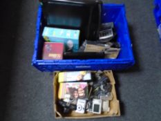 Two boxes containing assorted electricals including Digibox, Logik TV etc.