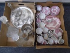 Two boxes containing plated serving tray and glasses, ship's decanters, Myott Tonquin tea ware.