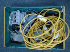 A box of 110v extension lead, scalextric power pack,