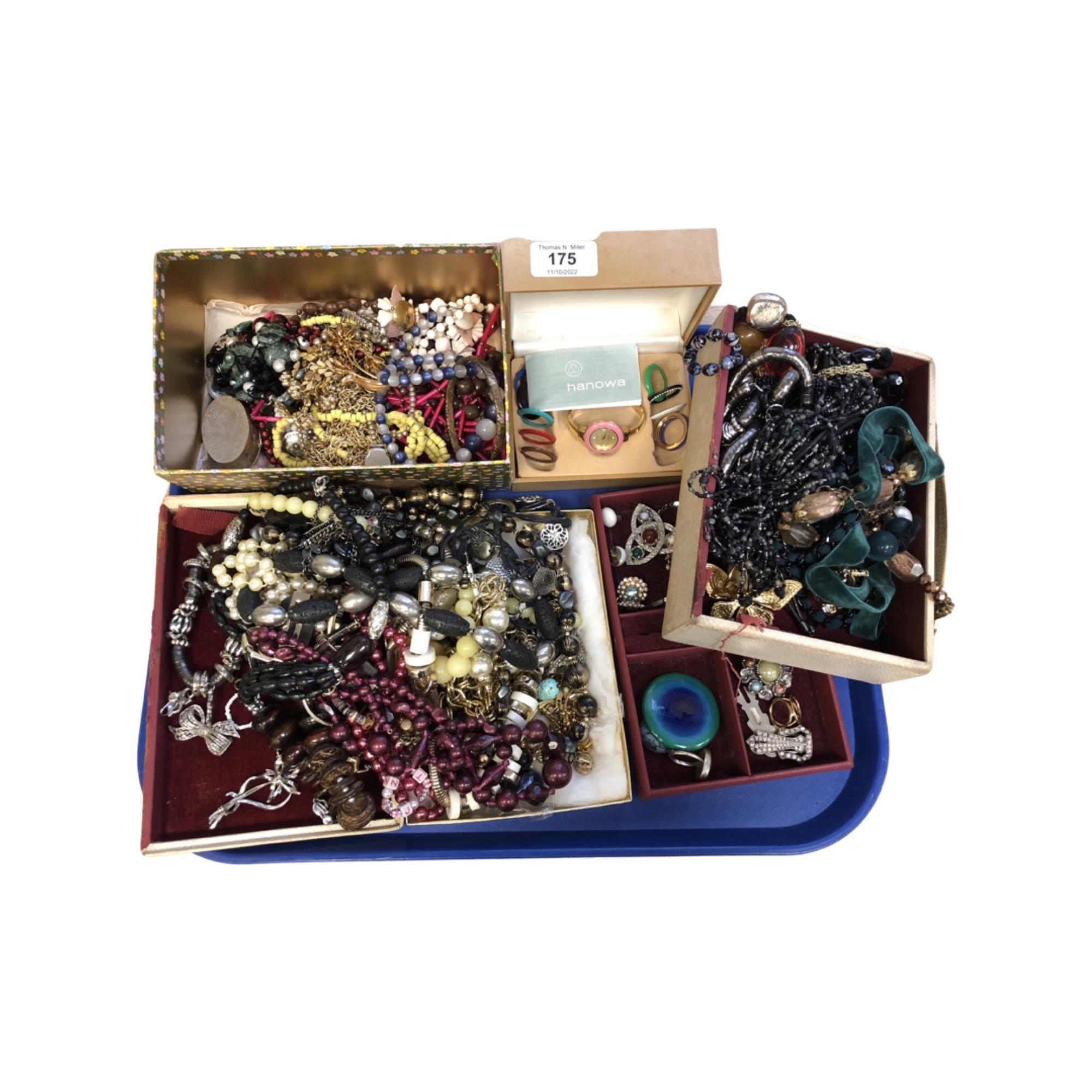 A tray of assorted costume jewellery, lady's Hanowa wristwatch etc.