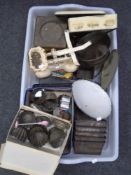 A plastic crate containing a large quantity of vintage kitchenalia including flower bin,