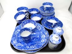 A tray of Spode Italian blue and white china, tea cups and saucers,