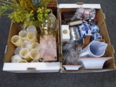 Two boxes containing electric candles, artificial flowers, mantel clock, blue and white pots etc.