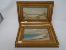Frank Burke : A view across a beach, oil-on-board, 20cm by 11cm, together with a companion piece,