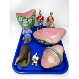 A tray of Maling basket, vase, Aynsley badger ornament, Royal Doulton terriers, Nao figure etc.