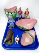 A tray of Maling basket, vase, Aynsley badger ornament, Royal Doulton terriers, Nao figure etc.