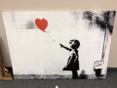 A canvas print after Banksy : Balloon Girl, 142cm by 100cm.