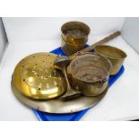 A tray of brass pots, brass charger, warming pan etc.
