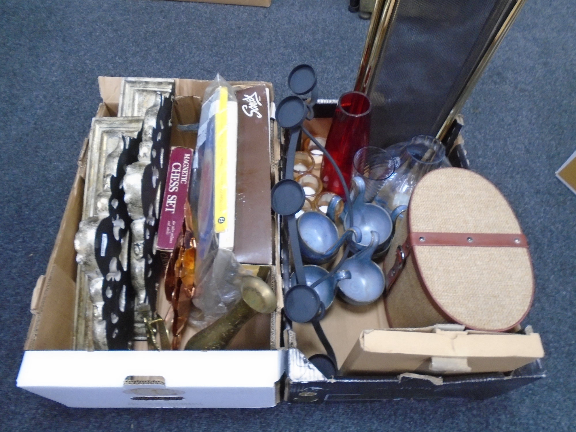 Two boxes containing pottery, folding spark guard, two brackets etc.