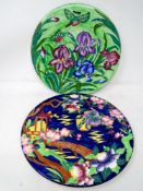 Two Maling wall plaques - Kingfisher in flowers and Chinese pagoda