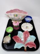 A tray of Maling ware, floral lustre vase, miniature jug,