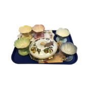 Five Maling lustre sundae dishes, together with an Old Foley sandwich tray,