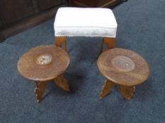 A Queen Anne style dressing table stool together with two carved hardwood plant tables