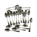 A collection of Georgian and later silver teaspoons including Newcastle examples.