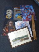 A box of portrait oil paintings on canvas, artist easel,