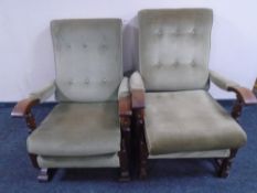 A beech fireside chair in green dralon together with matching rocking chair