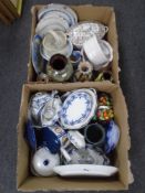 Two boxes of ceramics, antique blue and white dinner ware,