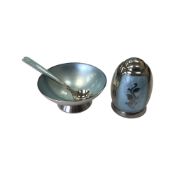 A Danish silver and enamel sifter and matching salt with spoon.