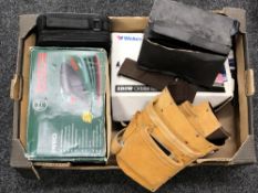 A box containing a leather tool belt, a Bosch sander, Wickes orbital sander etc.