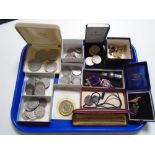 A tray containing assorted coinage, cufflinks, Yard o' Lead mechanical pencil,