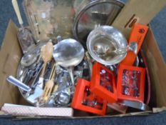 A box of silver plated items, gallery tray,