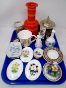 A tray of Continental dishes, Coalport plaques,