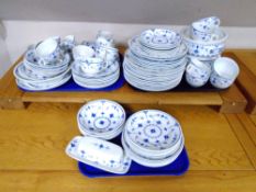 A large quantity of blue and white Denmark Furnivals tea and dinnerware.