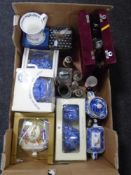 A box of Ringtons china, chintz jug, cathedral caddy, silver plated items etc.