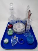 A tray of crystal and glass, paperweights,