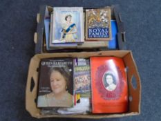 Two boxes of books and magazines relating to the Royal Family.