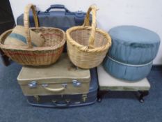 Three luggage cases together with a footstool, two baskets and a further footstool.