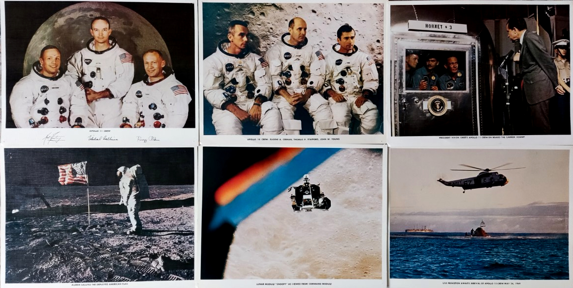 Vintage collection of NASA lithographs of Buzz Aldrin on the Moon, A group shot of Armstrong,