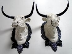 A pair of cast iron coat hooks modelled as bull heads.