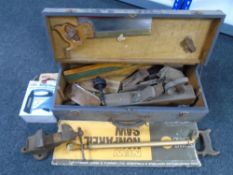 An antique wooden tool box together with metal vice, battery charger, metal sprayer,
